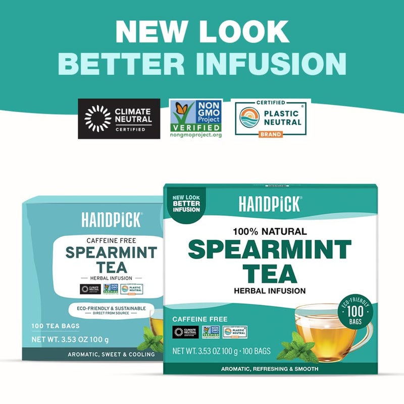 HANDPICK, Spearmint Tea Bags for PCOS relief (100 Herbal Tea Bags) |Refreshing Mint Tea | Non-GMO | Round Eco-Conscious Teabags - Image 2